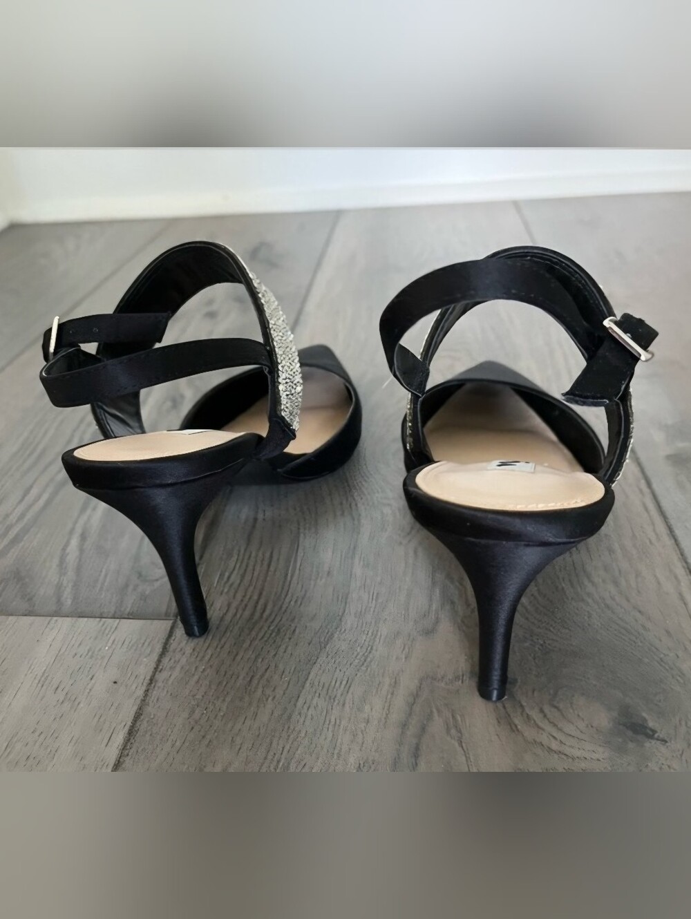 Nina Black Pointed Toe Slingback Heels w/Crystal-Embellished Strap - Picture 3 of 5